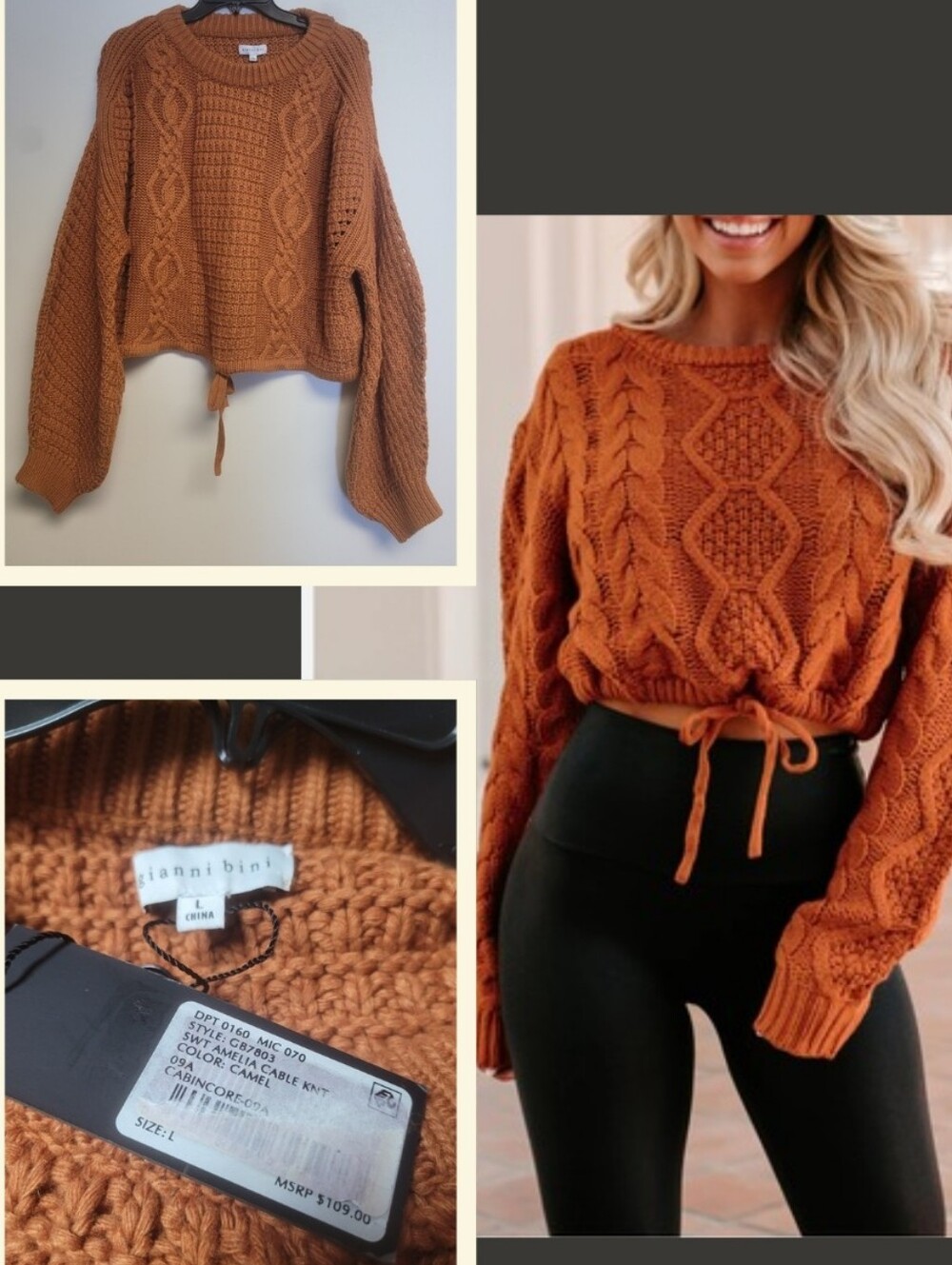Gianni Bini NWT Cozy Cropped Cable Knit Alpaca-Wool Blend Rust Sweater Large